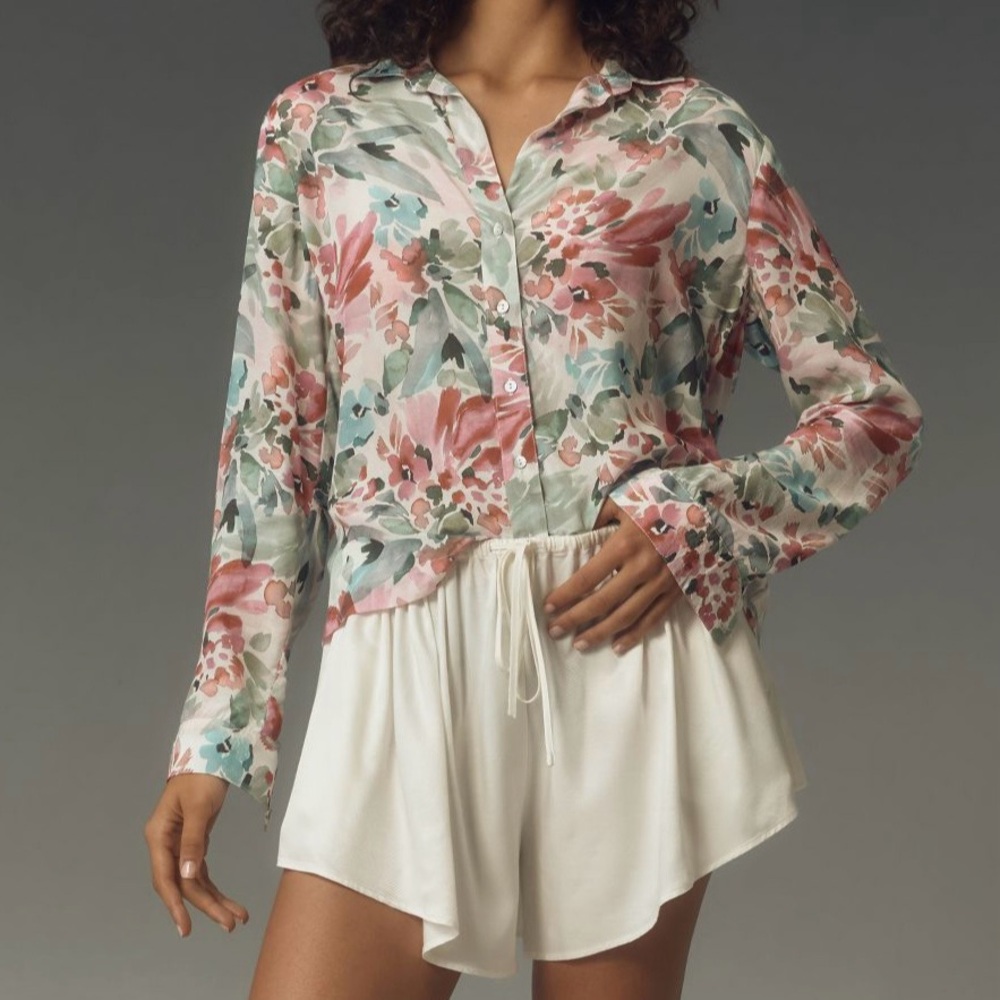 Cloth & Stone Floral Print Sheen Crop Long Sleeve Blouse Shirt XXSP Petite XXS